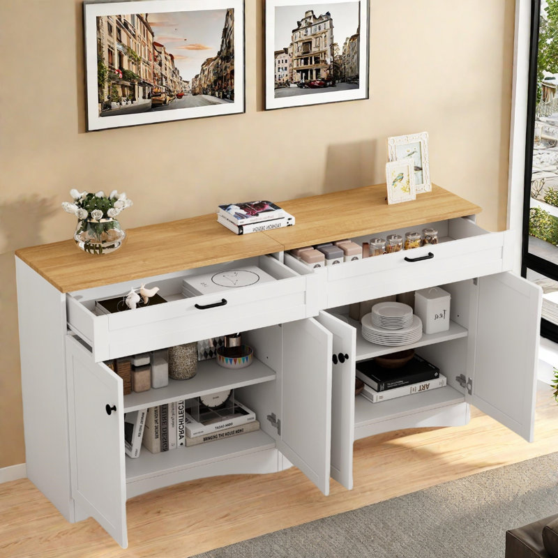 Farmhouse Sideboard With Adjustable Shelves And Rustic Handles, White
