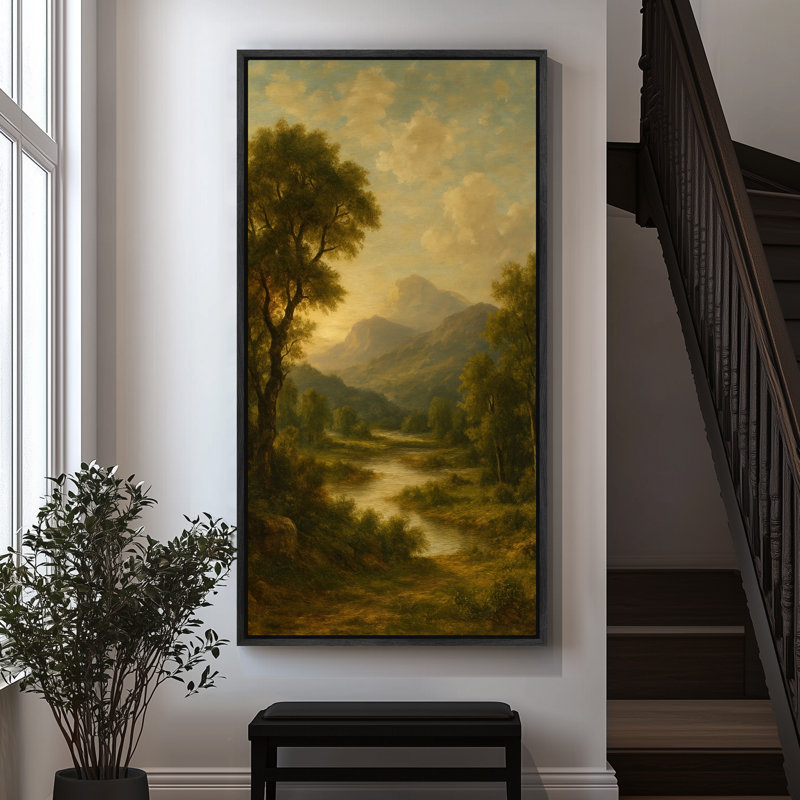 «Serene Mountain Valley Sunset Landscape - Large encadrée», reproduction d'art sur toile encadrée, Noir