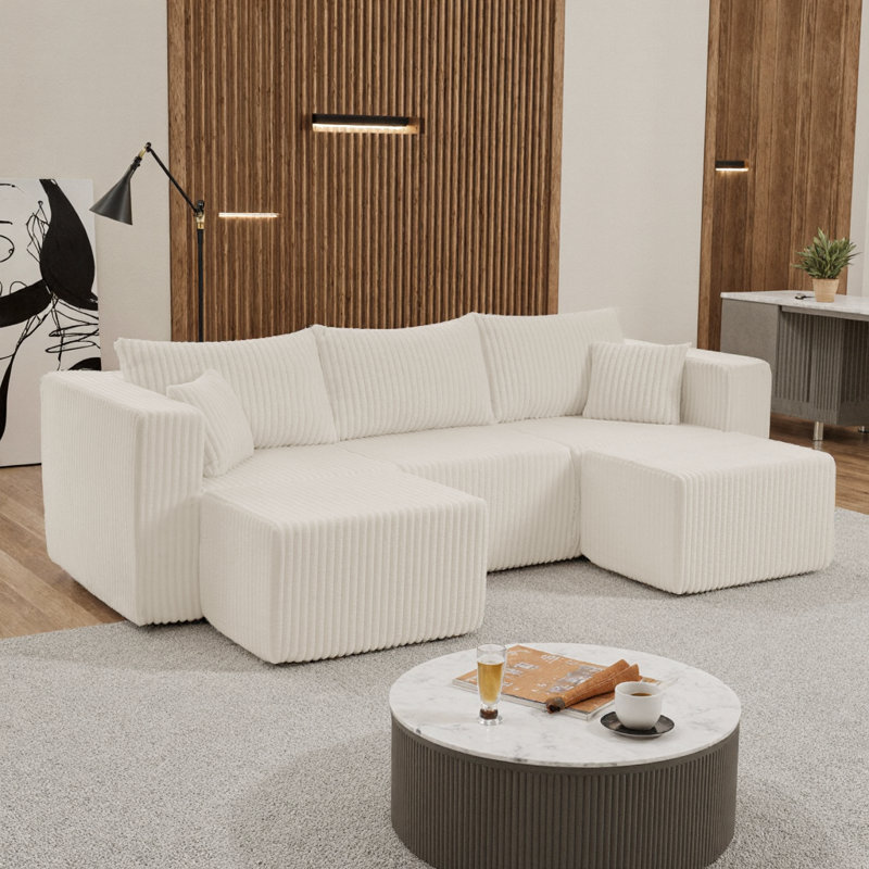 Modern Compact Modular Sofa: 3-Seat Space-Saver Grey Corduroy Sectional, Cloud Comfort (Packaged Flat), Beige