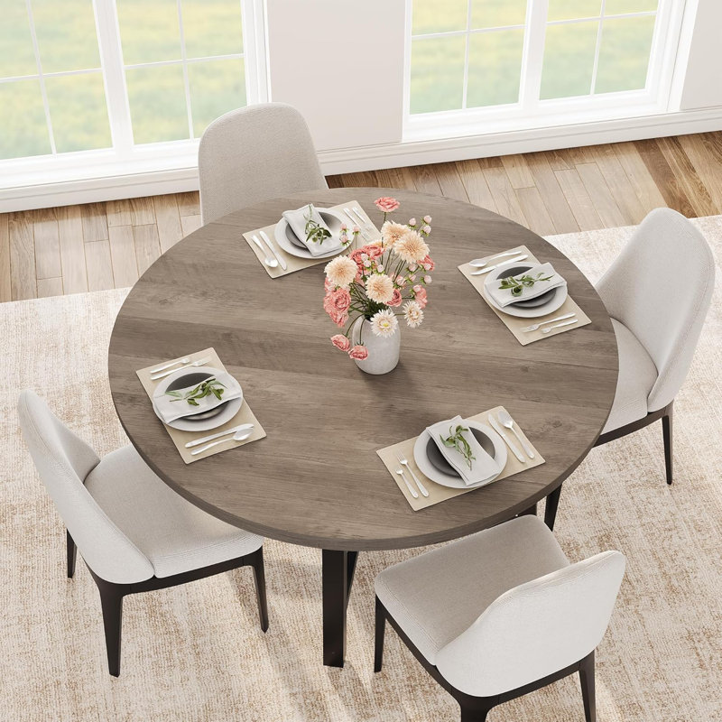 Space Saving 47" Round Dining Table for 4, Kitchen Dining Room Table w/ Sturdy Metal Frame, Wood Circle Kitchen Table