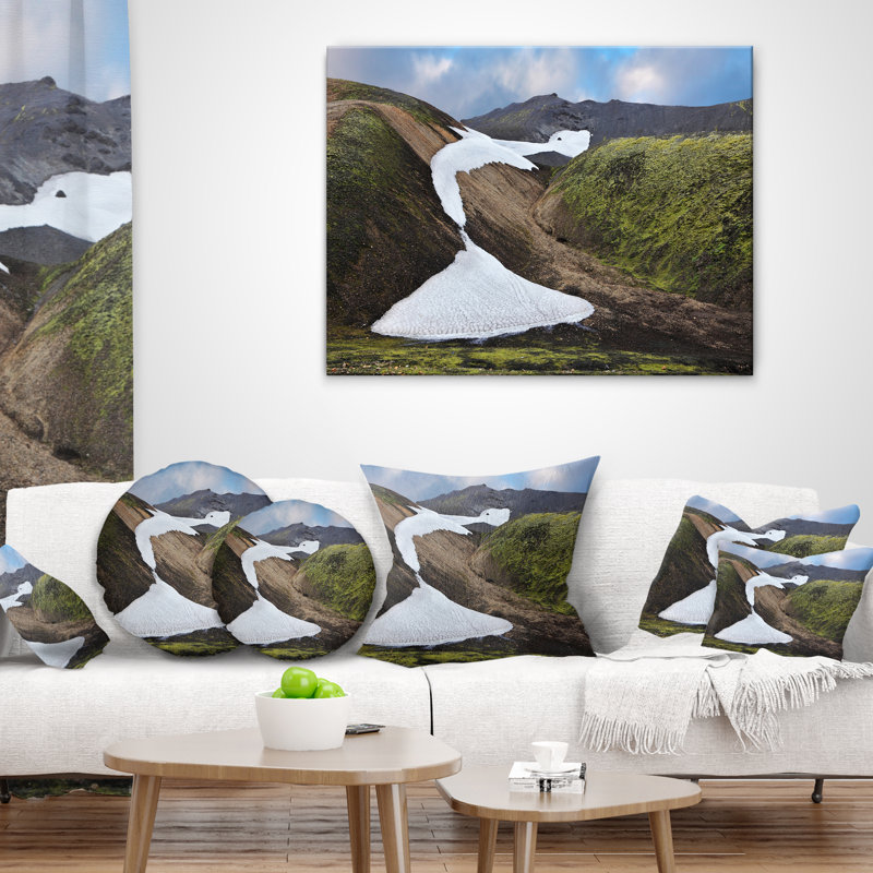 White Spots Snowfields In Gullies - Landscape Printed Throw Pillow