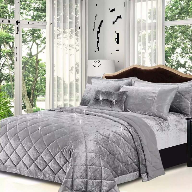 Polyester Bedspread with Pillow Shams Included, Silver, Double Quilt + 2 Standard Shams