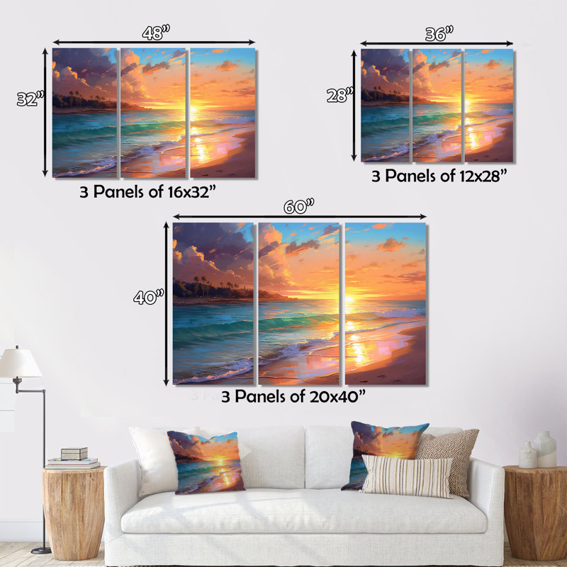 Sable et bleu mer des Caraïbes, impression 3 pièces, H 28 po x l 36 po x P 1 po, Metal