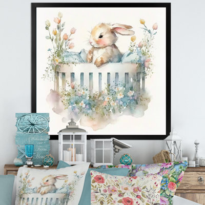 Baby Bunny In Crib With Flowers II - Rabbit, art mural