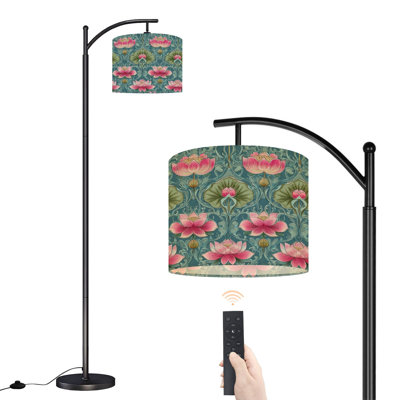 Arc Floor Lamp with Adjustable Lampshade Lotus Flower Pink Blossoms Teal Botanical Vintage Standing Lamp 3 Color Temperatures Dimmable Tall Pole Lamp with Foot Switch for Bedroom