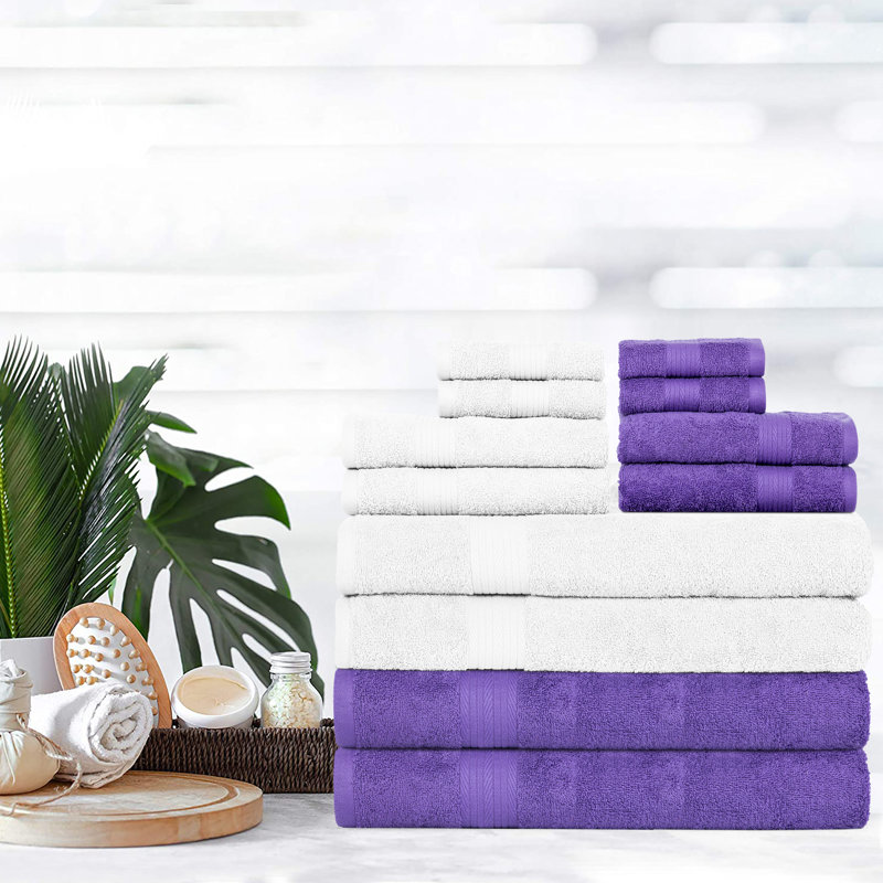 100% Cotton Bathroom Towel Set of 12 Absorbent Soft Plush Fast Drying, White/Purple