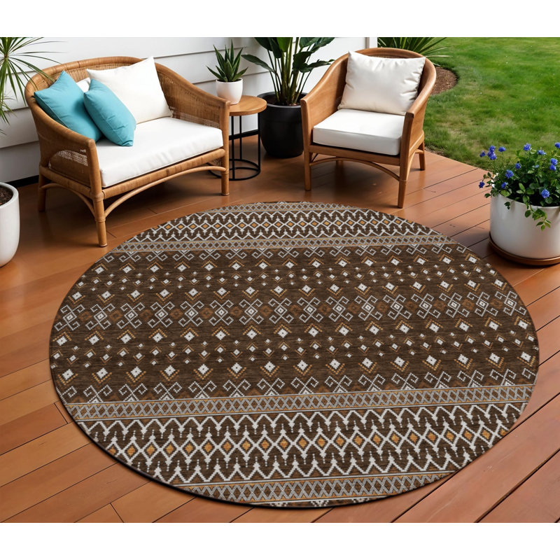 8' Chocolate Taupe Round Tribal Washable Indoor Outdoor Area Rug