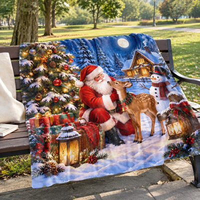 Cozy Christmas Fleece Blanket, Festive Santa Claus & Snowman Print Plush Throw for Sofa Couch Bedroom Living Room Home Decor