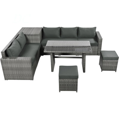 Outdoor 6-Piece All Weather PE Rattan Sofa Set, Garden Patio Wicker Sectional Furniture Set With Adjustable Seat, Storage Box, Removable Covers And Tempered Glass Top Table