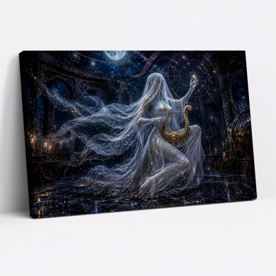 «Ethereal Woman jouant Golden Lyre in Starry Halloween», art mural sur toile
