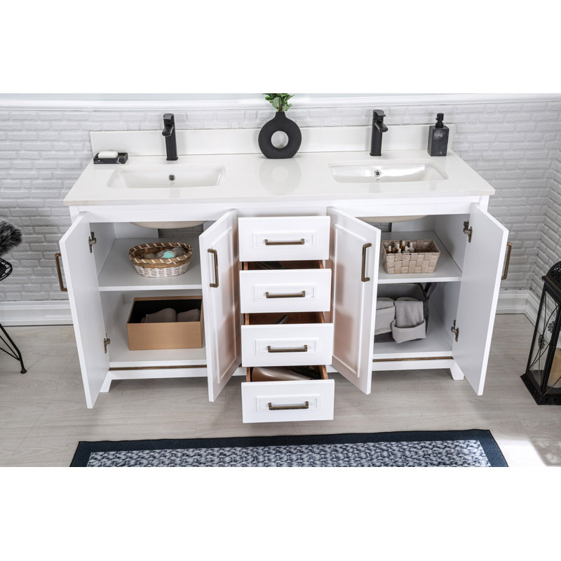 Ensemble de meuble-lavabo double 59 "avec miroir Claritha, Blanc