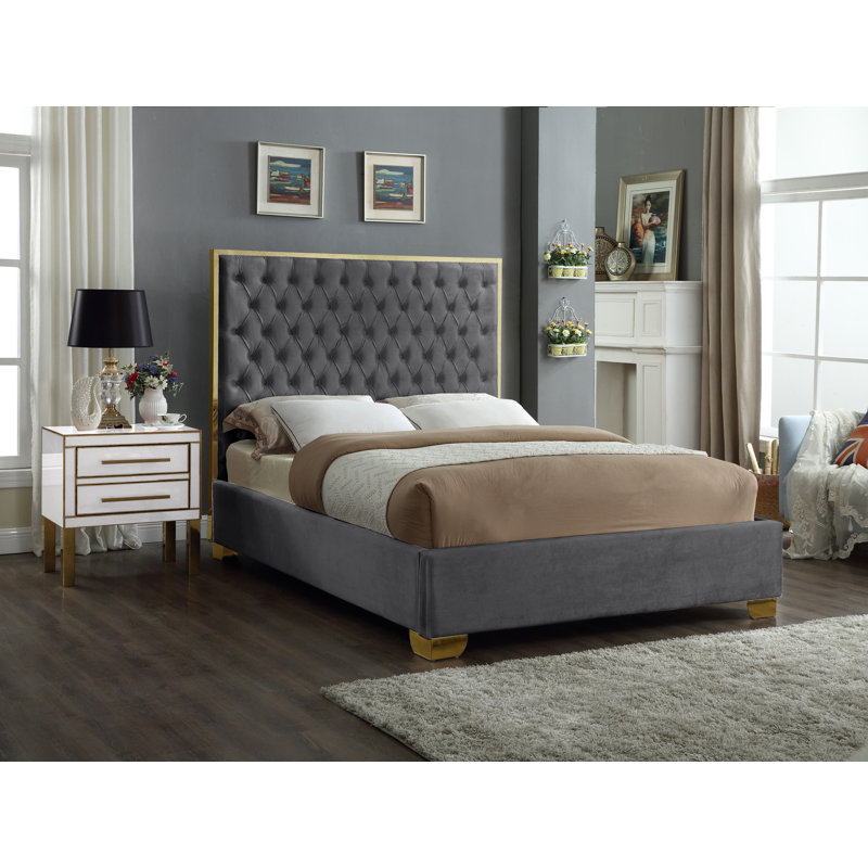 Lit plateforme tapissier capitonné Spadaro, Grand, Gris, Or
