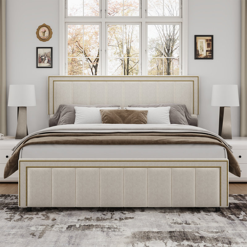 Bed Frame with 50" Tall Headboard and Footboard, Chenille Upholstered Platform Bed, Vertical Channel Tufting with Nailhead Trim