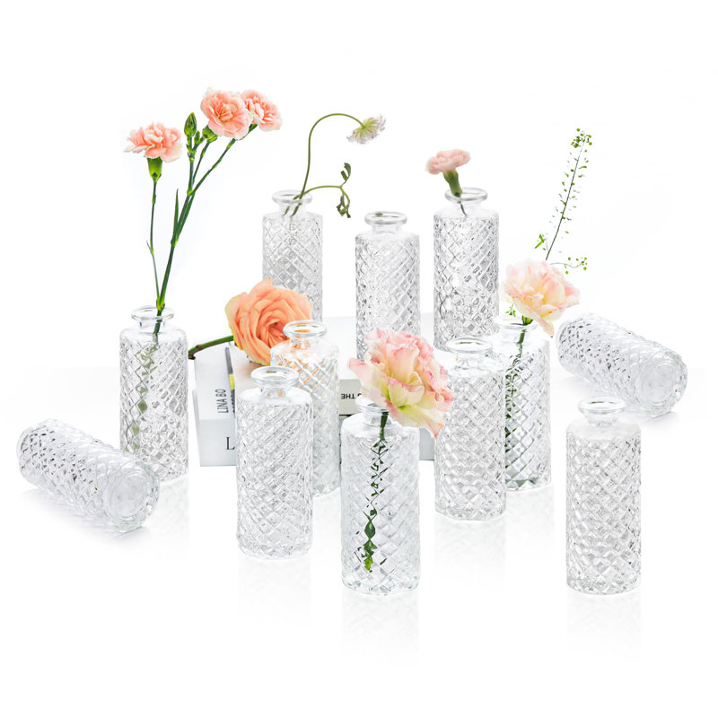 Ensemble de 12 vases à bourgeons en verre, petits vases à bourgeons en diamant en vrac, mini vases à fleurs pour centres de table, bouteille rétro pour décorations de table, décoration de mariage, réception, maison