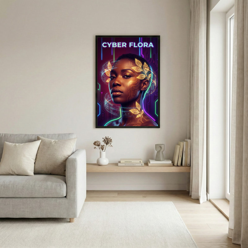 Ensemble de 1 tableau mural Cyber ​​​​Flora Neon Circuit Art sur toile tendue, H 18 po x l 12 po