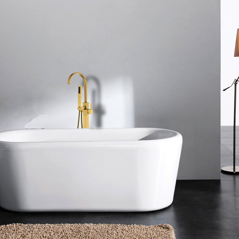 Robinet de baignoire autoportant doré avec douchette portative - Fabrication durable en métal brossé pour douche à main