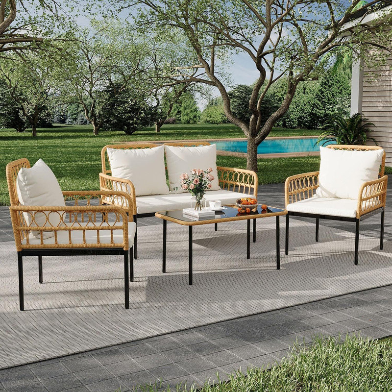 Ensemble de patio d'extérieur en osier 4 pièces, canapé modulaire en L avec table et coussins amovibles