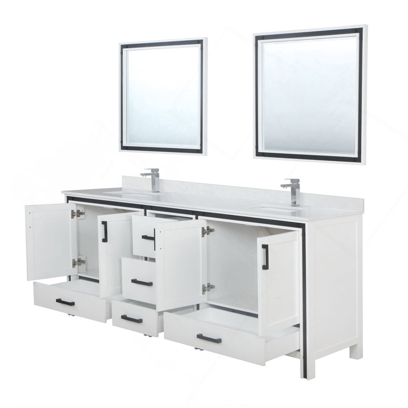 Meuble-lavabo double blanc 84 po X P 22 po , Comptoir en quartz blanc, ensemble de robinets Miroirs