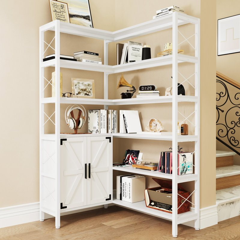 6-Tier Corner Bookshelf, Vintage Industrial Corner Bookshelf With Storage Cabinet, Bookcase, Large Book Shelf With Metal Frame, Vintage Bookshelves For Living Room Home Office Kitchen (39.37"D X 31.49"W X 70.86"H)