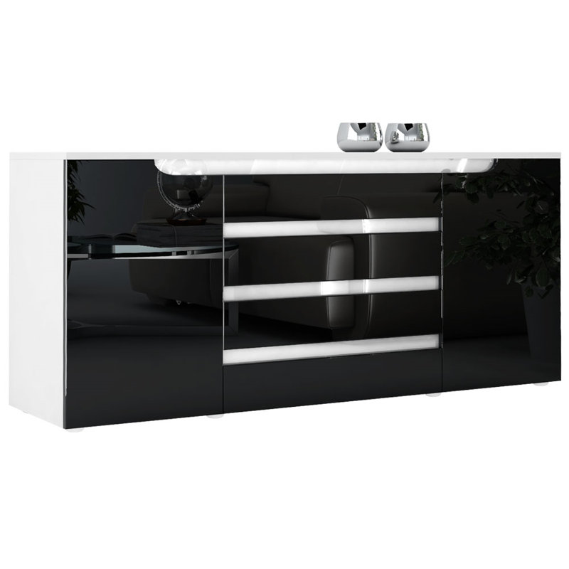 Autumn-Grace 166cm Sideboard, White (matt)/Black (glossy)/White (glossy)