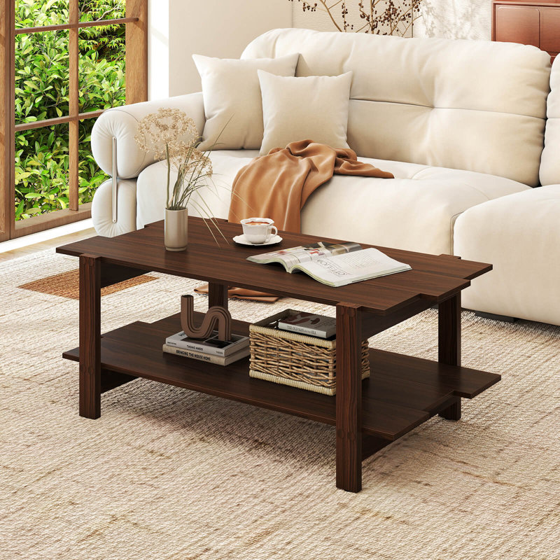 Table basse à 2 niveaux avec centre de rangement irrégulier et tablette de rangement ouverte