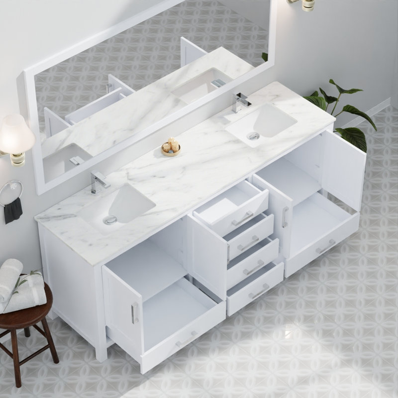 Meuble-lavabo double blanc 80 po X P 22 po D, dessus en marbre de Carrare et ensemble de robinet, Blanc