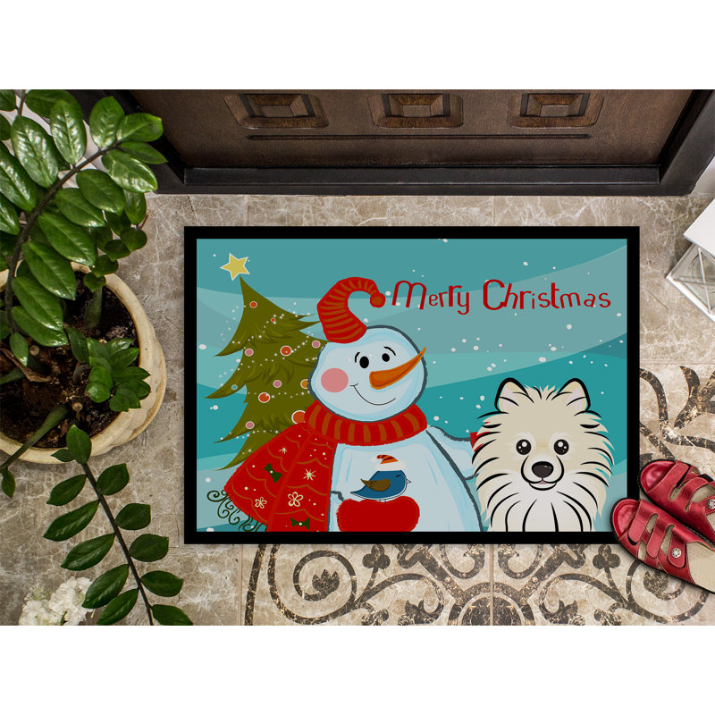 Tapis de porte d’extérieur anti-dérapant bonhomme de neige avec poméranie, Rectangle 1 pi 6 po x 2 pi 3 po