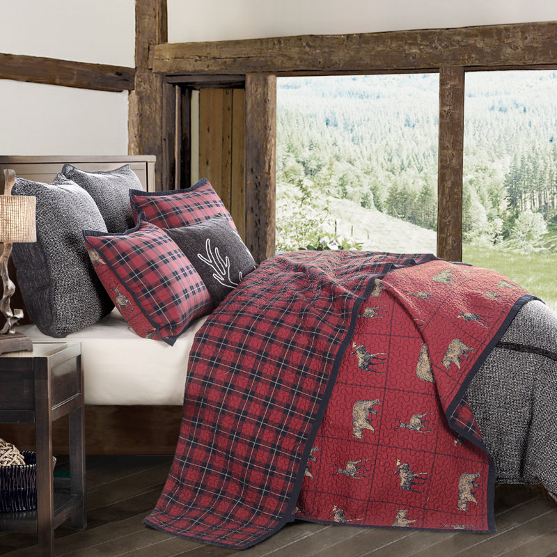 Woodland Plaid Red Navy Blue Cotton Woodland Bear Deer Moose Reversible Western Lodge Quilt Set, King