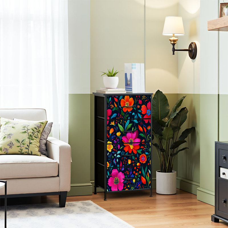 Commode pour commode de chambre à coucher Commode pour chambre à coucher à fleurs vibrantes à fleurs colorées avec commodes et commodes en tissu avec bacs de rangement à 4 tiroirs