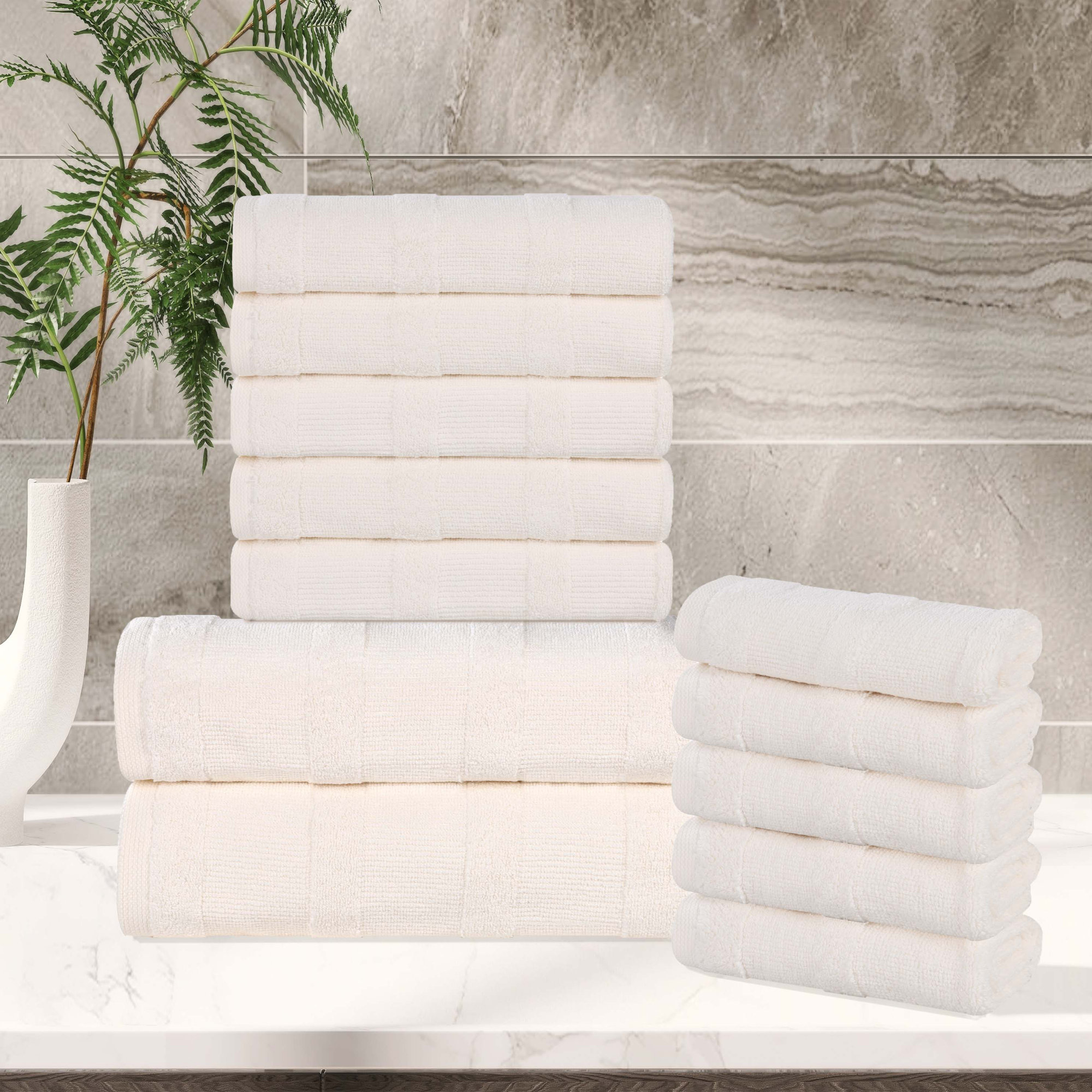 Oilton Ribbed 12 Piece 100% Cotton Bath Towel Set, Ivory