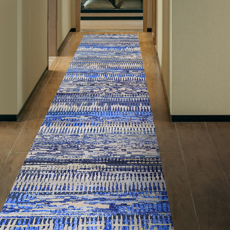 Hand Knotted Abstract Area Rug in Blue/Black/Gray, Runner 2'6" x 10'