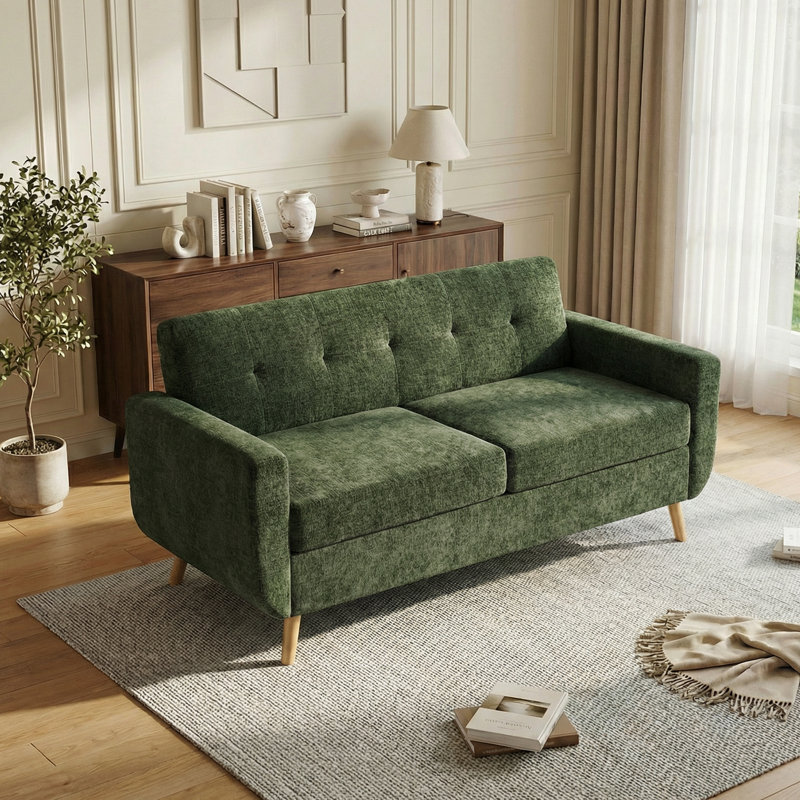 Causeuse à accoudoirs carrés de 66 po, canapé en chenille de style Mid-Century moderne avec structure en fer renforcé pour le salon, assemblage facile