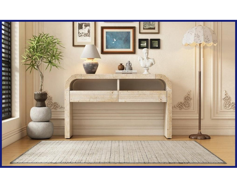 Table basse courbée en bois naturel avec 2 tiroirs - Économiseur d'espace pour le couloir du salon, Bois naturel