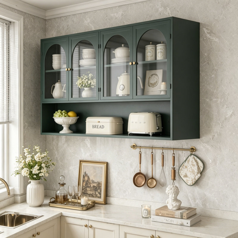 Armoire murale en verre à quatre portes avec cadre en fer