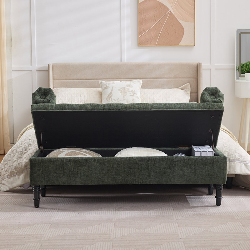Chenille Upholstered Storage Bench, Green