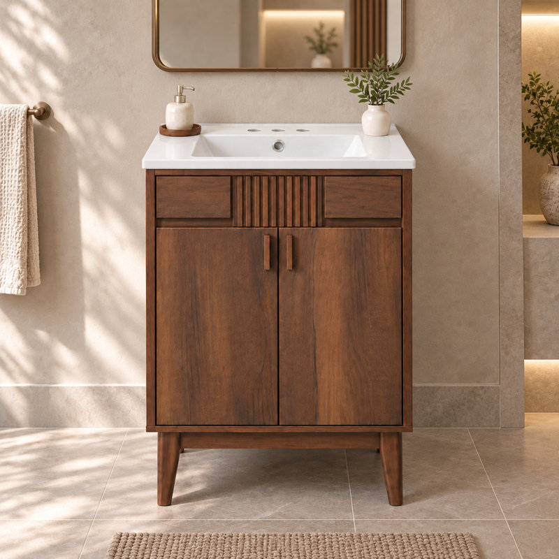 Meuble-lavabo simple 24 po Mid-Century avec lavabo en céramique, portes à fermeture douce et pieds en bois massif, 24"