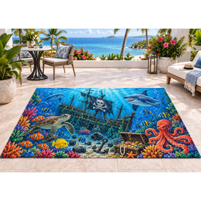 Tapis d'extérieur 152 x 213 cm (5' x 7') motif bateau pirate, requin et coffre au trésor. Tapis épais, imperméable, en PVC bouclé, résistant et à séchage rapide, idéal pour une entrée ou une terrasse.