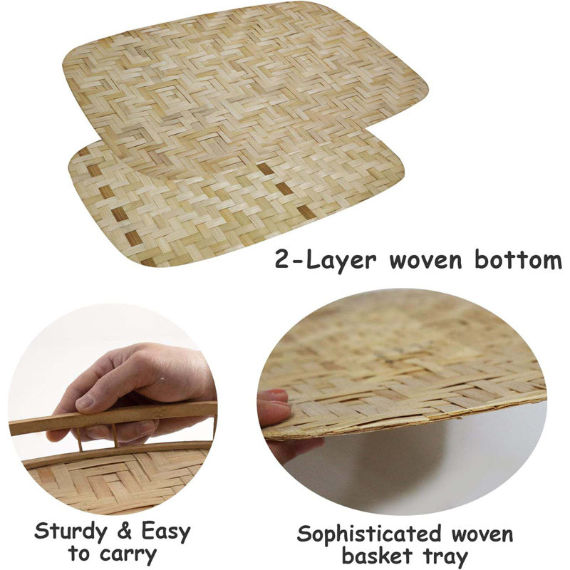 Set Of 4 Bamboo Wicker Serving Trays For Foods & Drinks, Rectangular Breakfast Lap Trays With Handles Wooden Decorative Platters For Coffee Table, Bed Eating