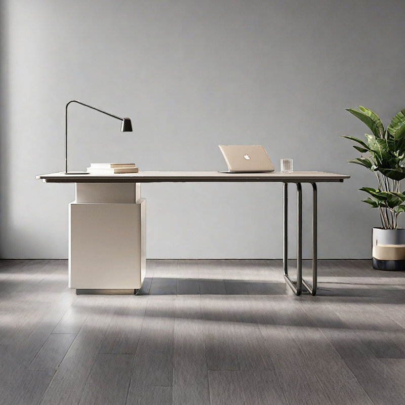 Bureau en pierre frittée avec tiroirs, Gris / Blanc, H 28,74 po x l 70,87 po x P 27,56 po