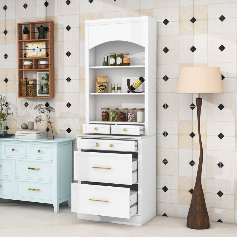 Garde-manger haut avec haut plateau en faux marbre, tablettes de rangement et tiroirs, Blanc, Or