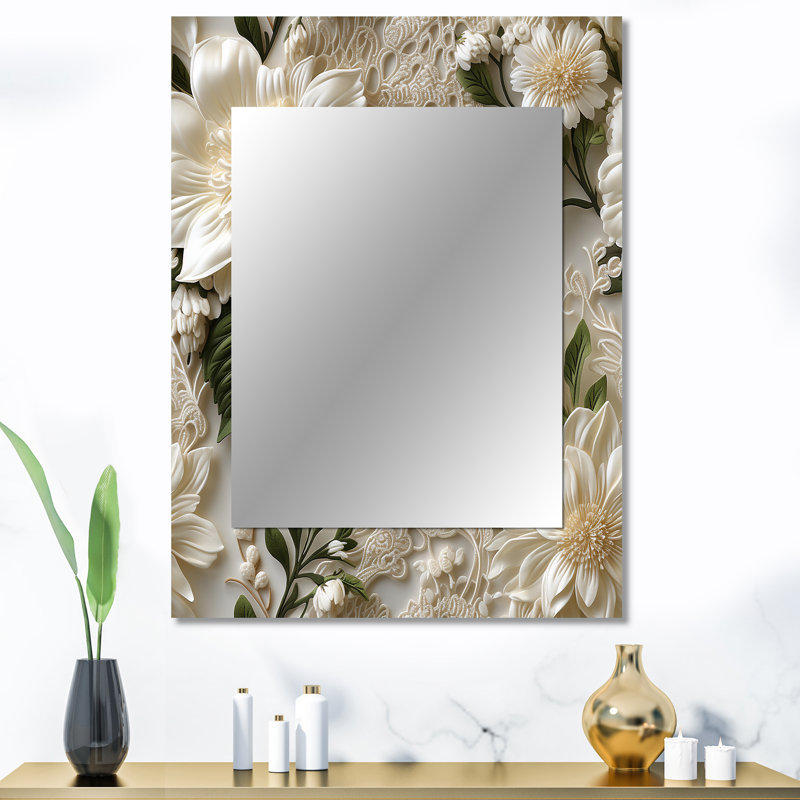 Araud Vintage White Flower Lace Bliss - Floral Large Wall Mirror, Floral Unique Mirror, Printed Metal Art, 40" x 30"
