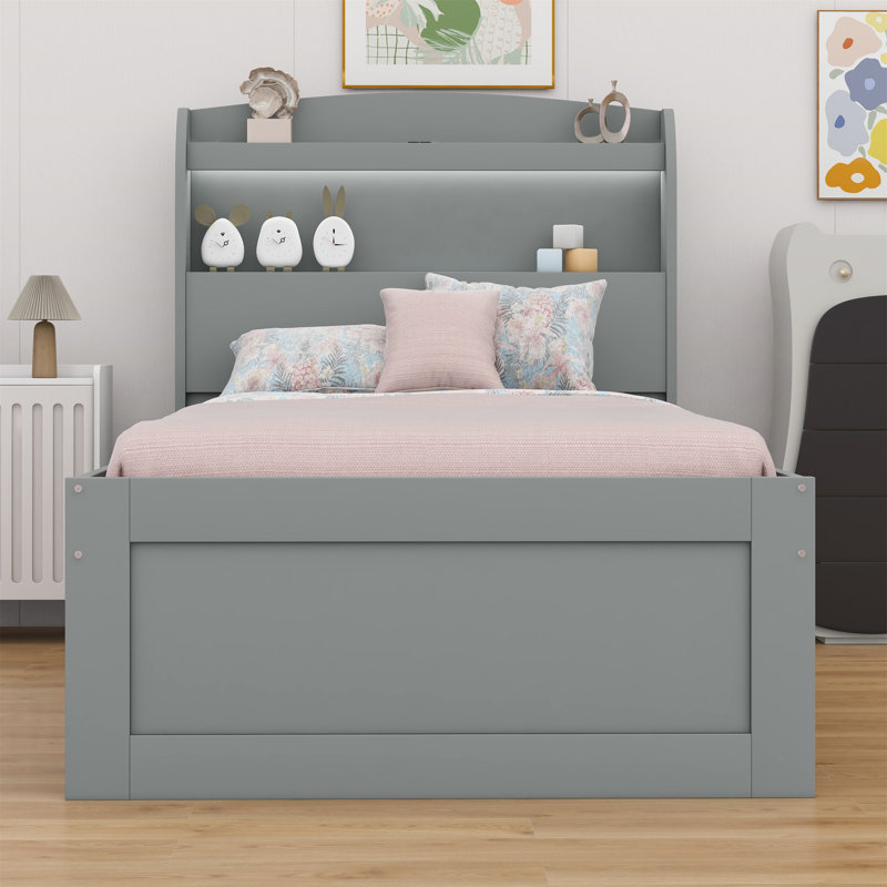 Bed With Trundle, Drawers and Outlet, Gray, Full