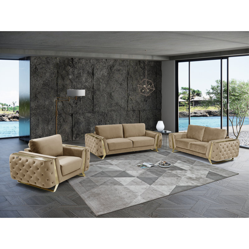 Nissa 3 Piece Velvet Living Room Set, Gold, Beige