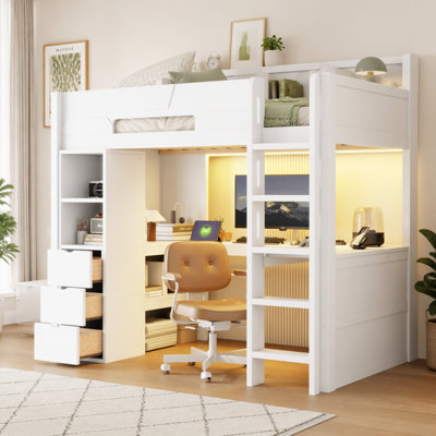 Lit mezzanine en bois avec bureau en forme de U, station de charge à DEL RVB et USB contrôlée par l'application, grande couchette multifonctionnelle avec tiroirs et tablettes de rangement