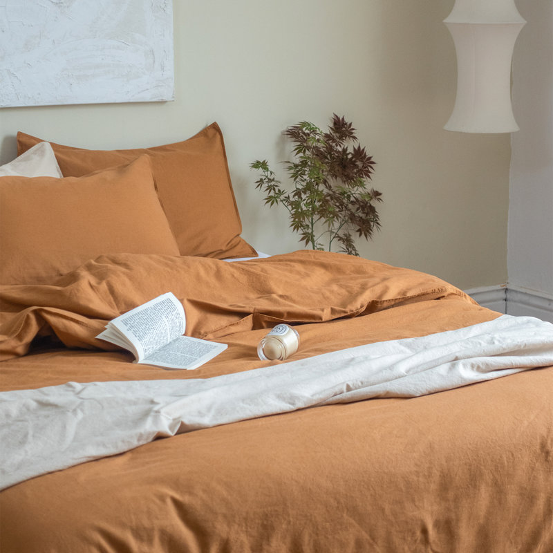 Housse de couette en lin et coton avec fermeture éclair invisible (King, rouille), Très grand lit, Rouille