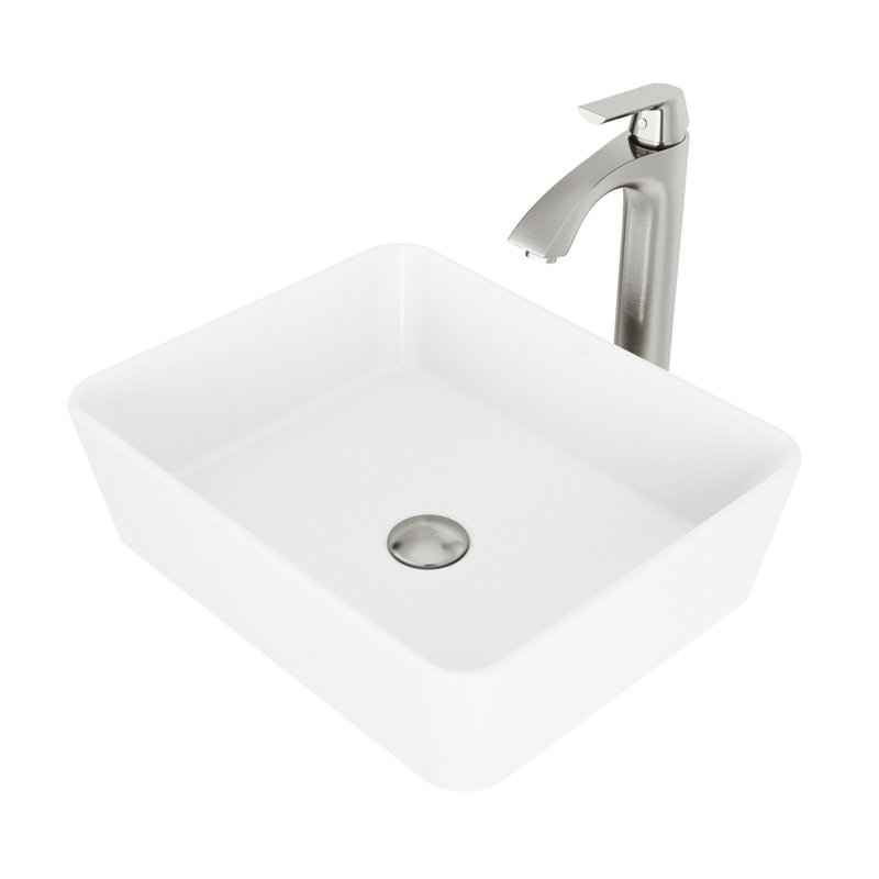 Marigold 18" L x 14" W x 5" H Rectangular White Matte Stone Vessel Bathroom Sink with 12" H Faucet, Brushed Nickel