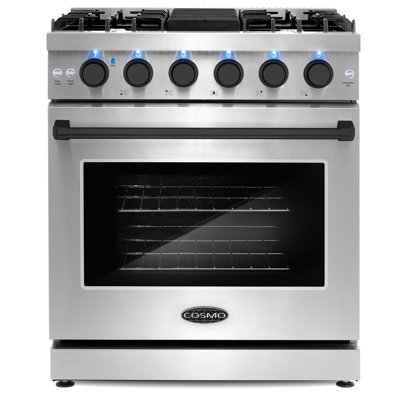 Cosmo 30 po 4,5 cu. Pi. Cuisinière à gaz, 5 brûleurs scellés, four à convection, lumières DEL à bouton, acier inoxydable, ensemble de poignées noir mat