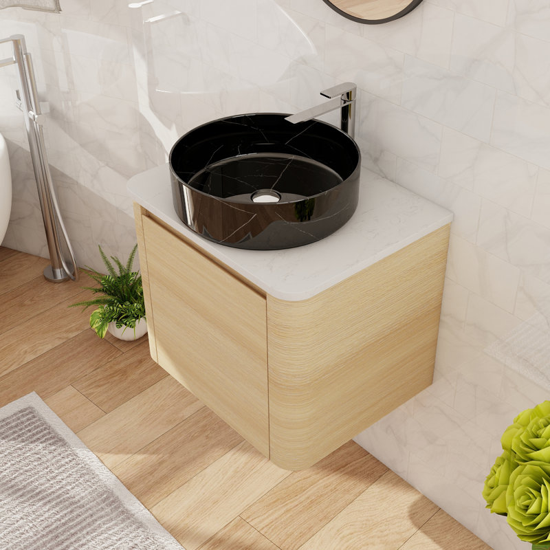 Meuble-lavabo flottant simple 24 po avec lavabo d'art en céramique, meuble-lavabo mural avec 1 porte à fermeture en douceur
