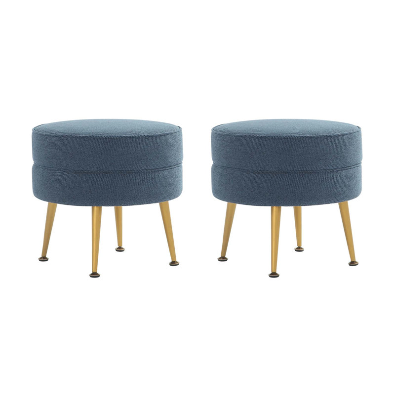 Bailey Mid-Century Modern Woven Polyester Blend Upholstered Wood Ottoman in Blue with Gold Legs, Gold, Blue