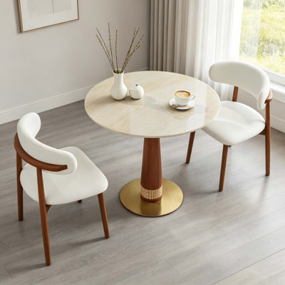 Plateau rond en pierre de 850 mm de diamètre, plateau de table en pierre mate de 12 mm, colonne décorative en rotin tressé noyer, base dorée, table pour 2 personnes idéale pour les petits espaces, capacité de charge de 68 kg (uniquement pour la table de négociation).